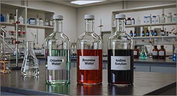 Image shows chlorine water, bromine water and iodine solution.